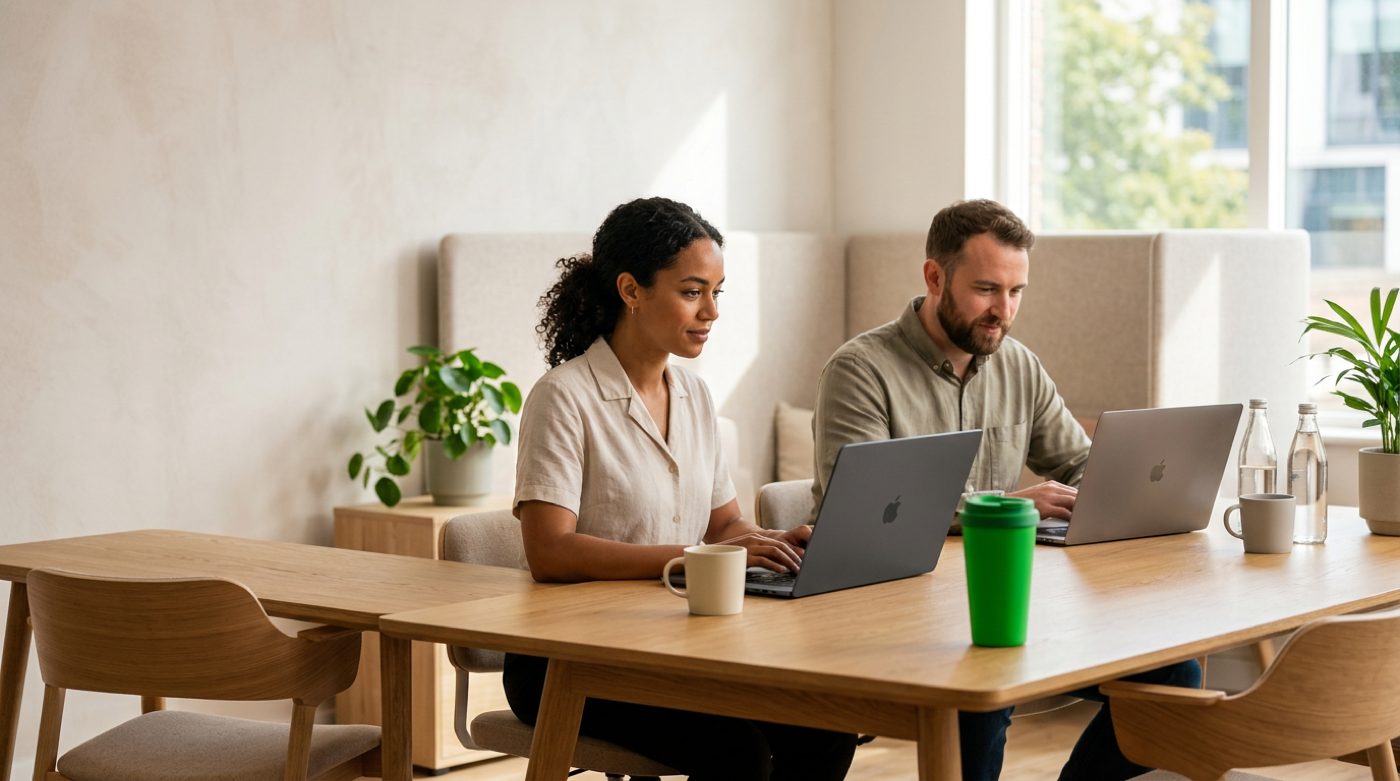 Two focused colleagues typing on laptops at a bright wooden table with green tumbler
