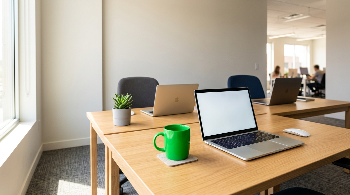 Open laptop and green mug on a sunny office desk, coworkers at distant desks