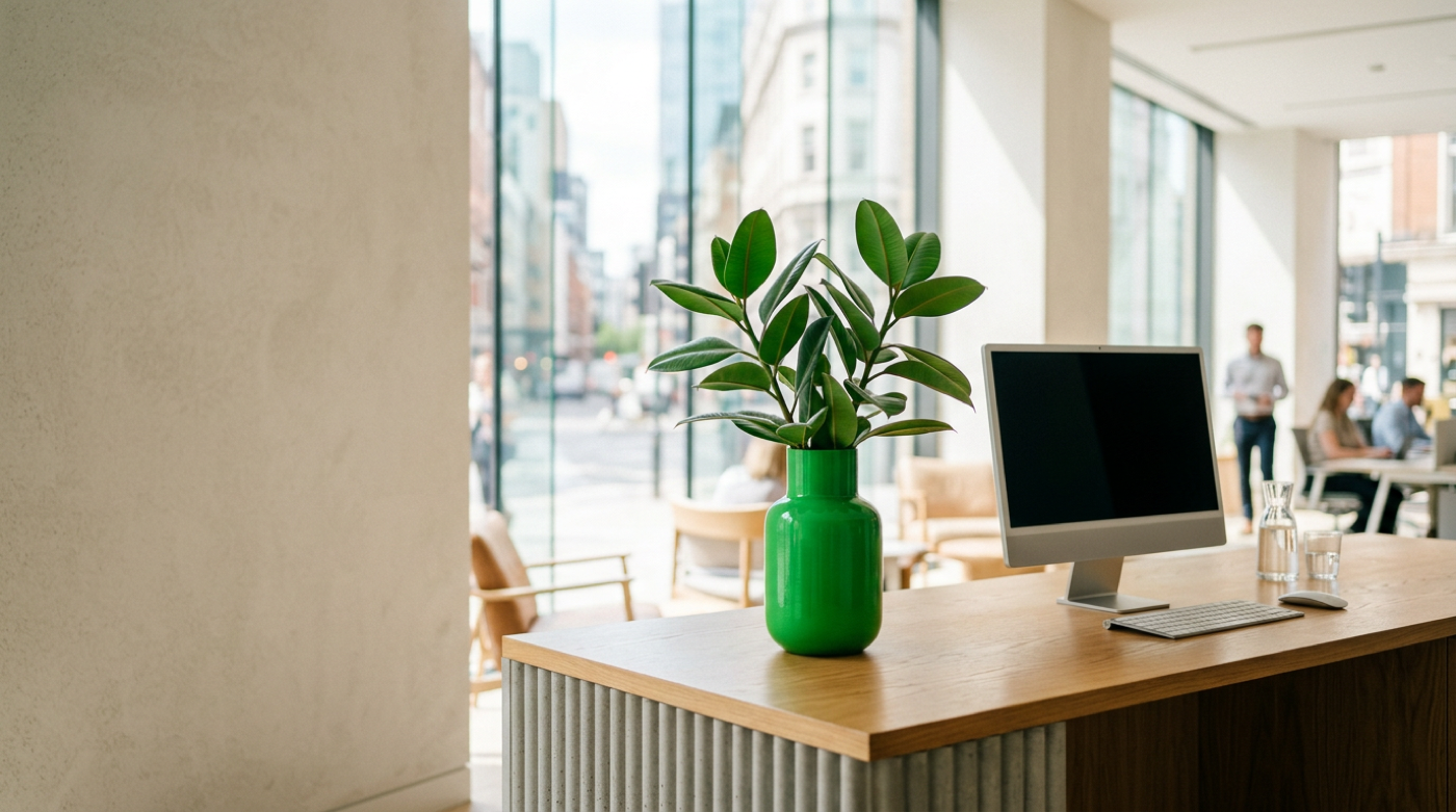 Storefront desk with iMac and green vase before sunlit city street and blurred passersby