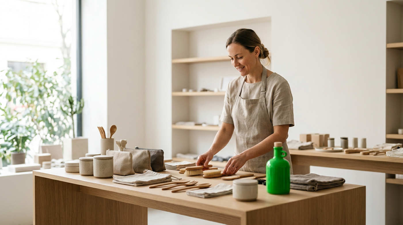 Smiling shopkeeper in linen apron arranges wooden brushes and homeware in bright minimalist store
