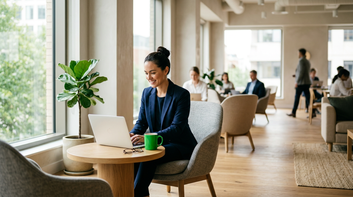 Smiling consultant in navy blazer works on laptop beside sunny window with green mug