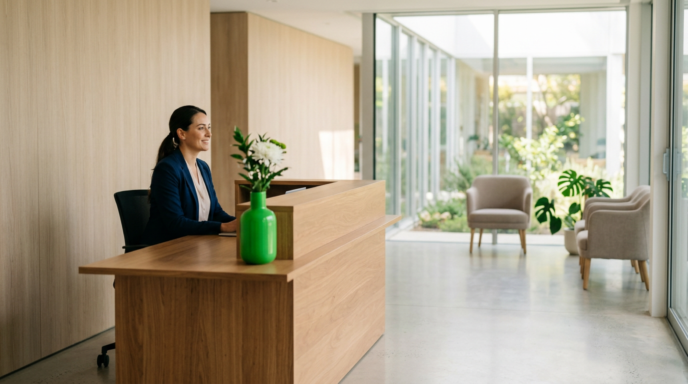Receptionist at wooden desk in calm sunlit practice with garden courtyard and waiting chairs