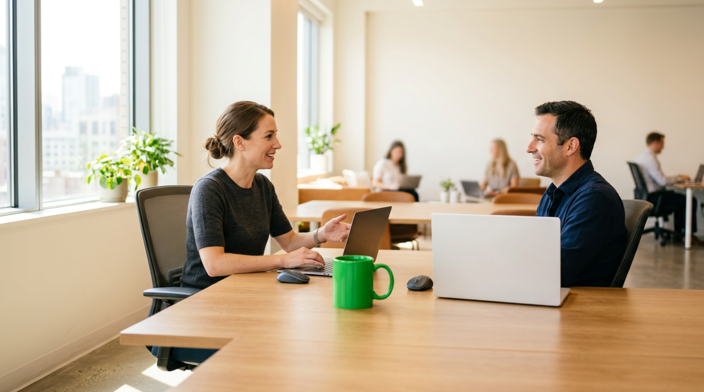 Two colleagues in conversation across laptops at a sunlit office desk with green mug