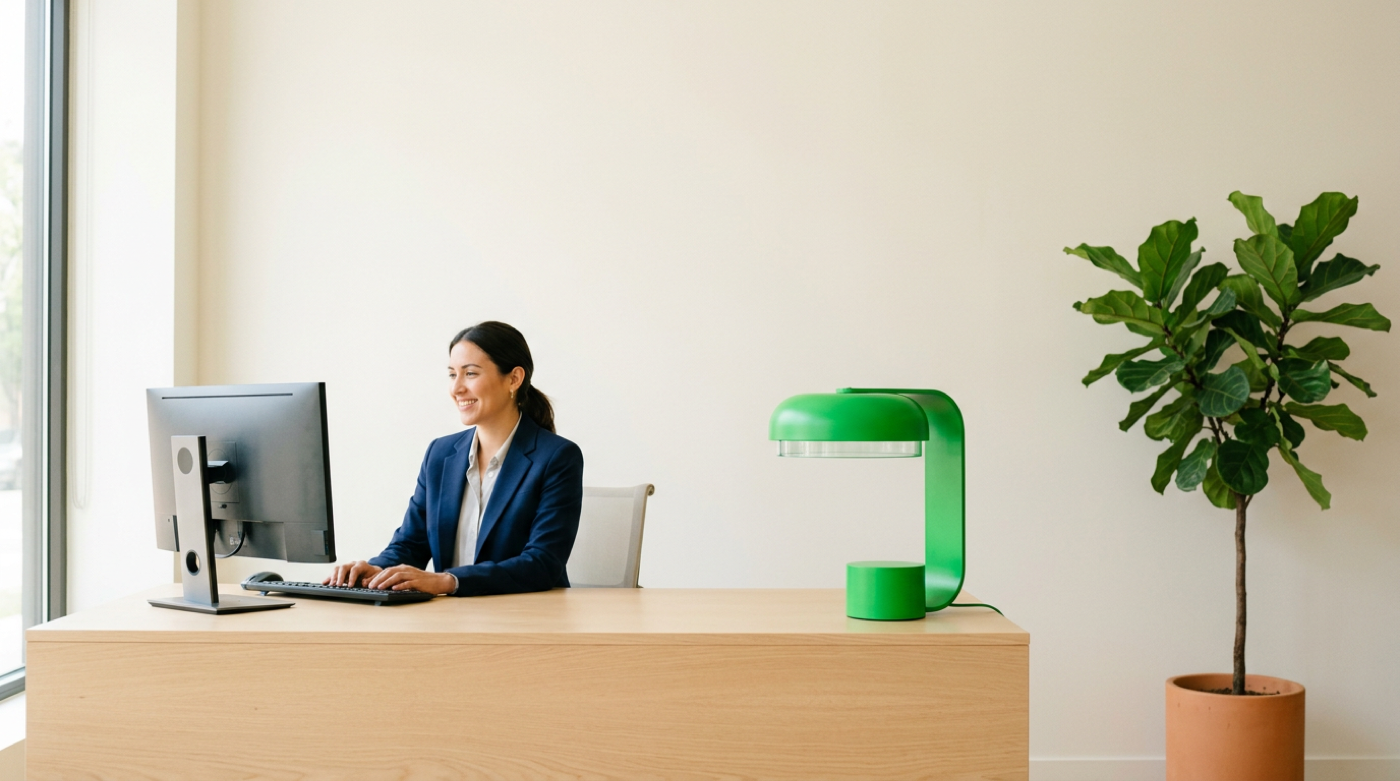 Smiling professional in navy blazer types at desktop beside green lamp in bright office