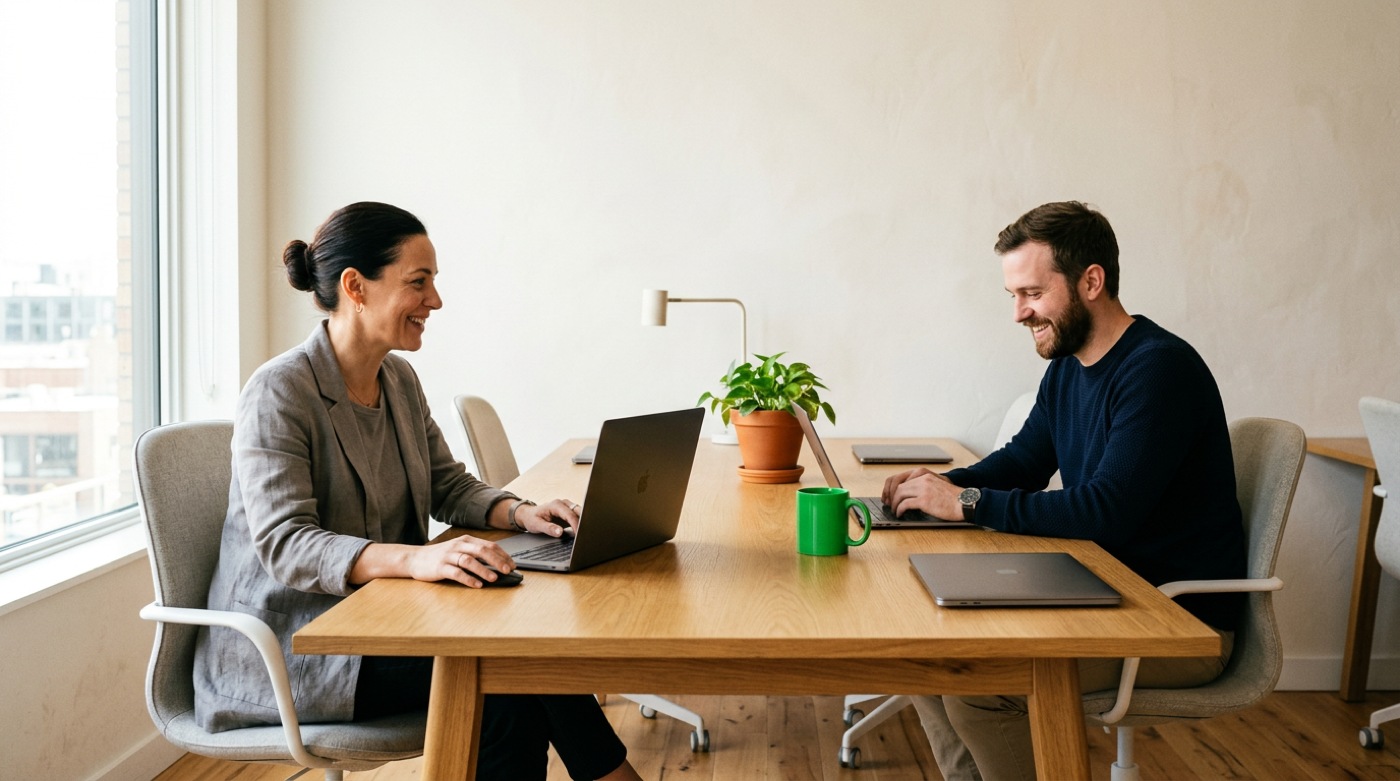 Two smiling colleagues work on laptops across a wooden table in a bright office.