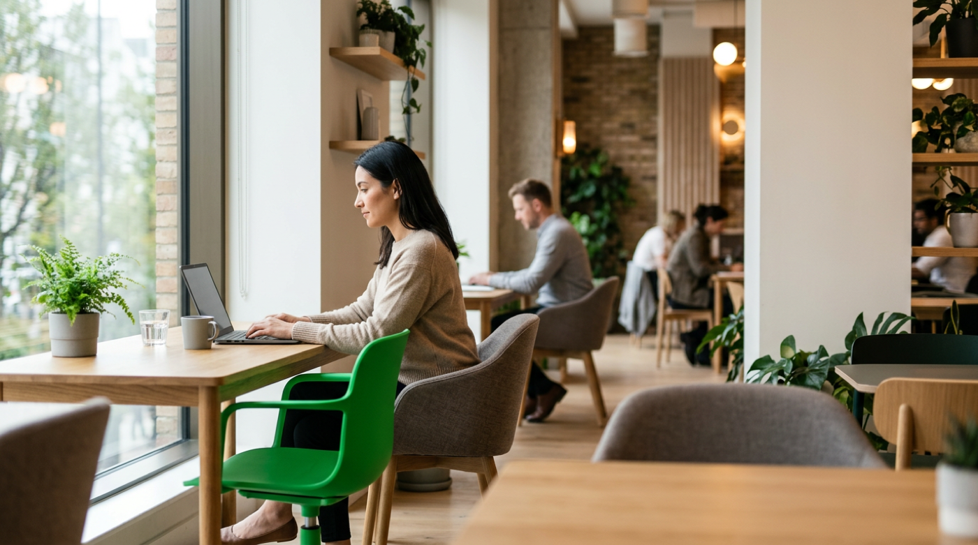 Woman works on a laptop beside a large window in a bright plant-filled workspace.
