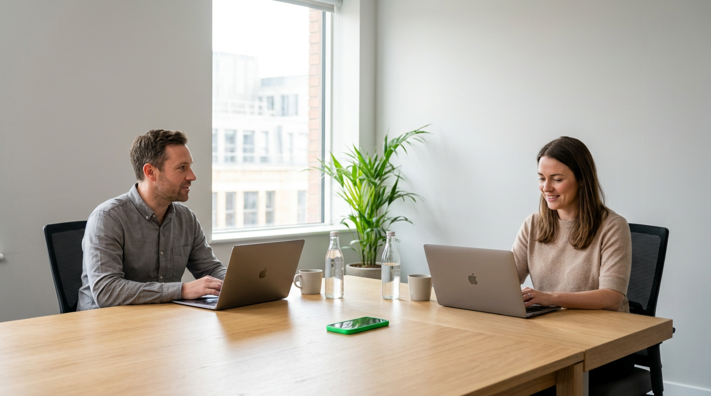 Man and woman work on MacBooks at a shared desk in a sunlit meeting room.