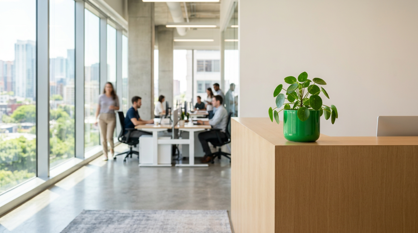 Green potted plant on a wooden reception desk with a busy sunlit office team behind.