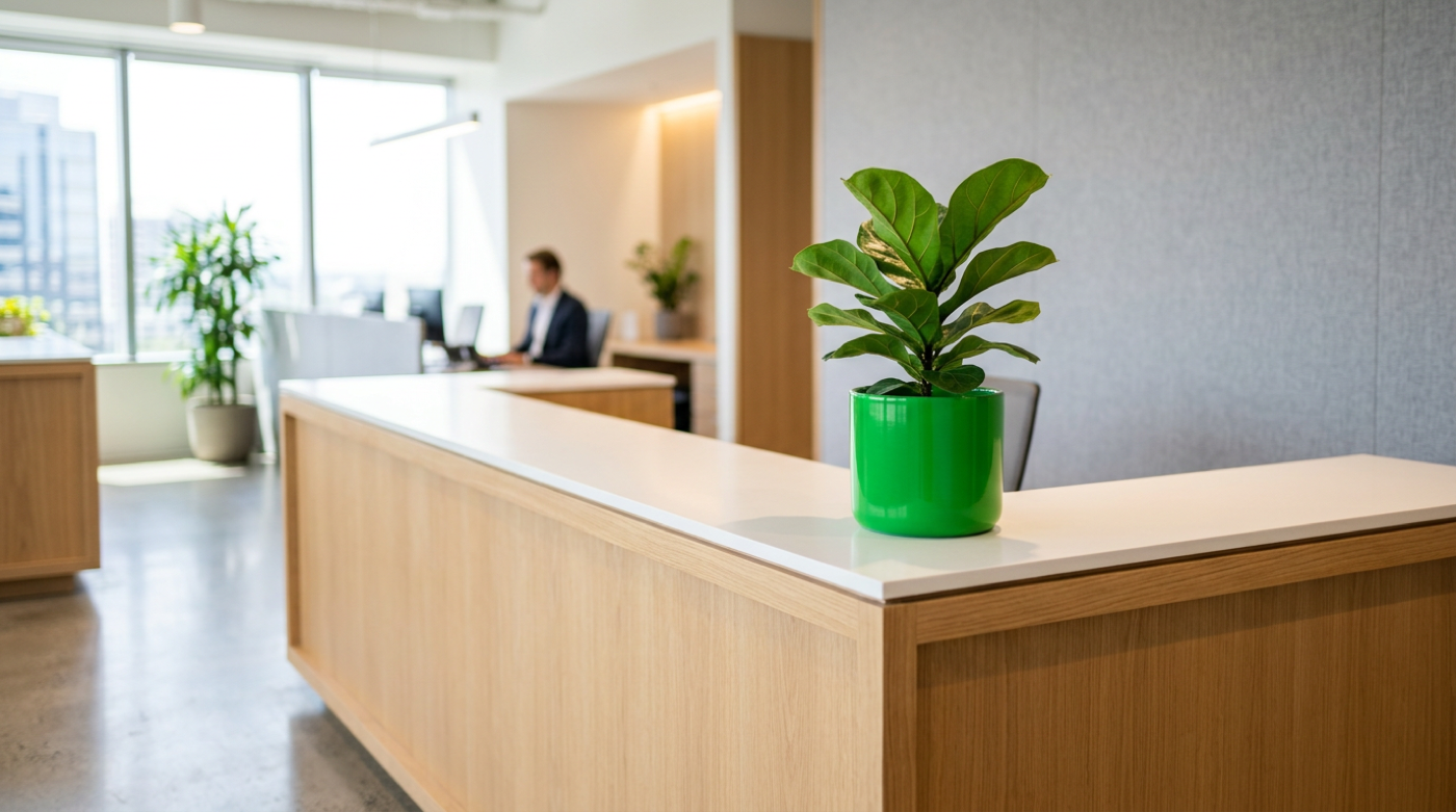 Glossy green plant pot on a white reception counter in a bright modern office lobby.