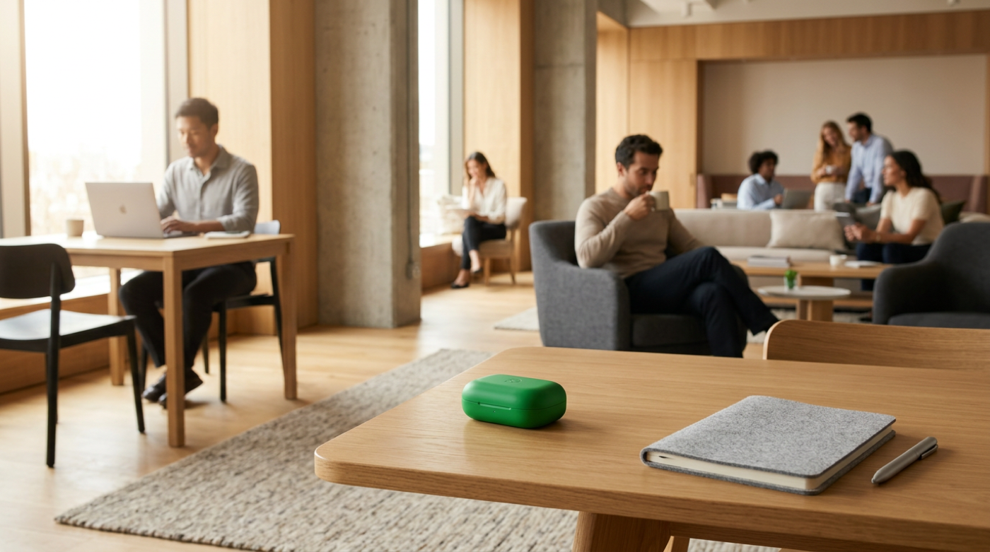 Colleagues work and chat across a warm sunlit office lounge with a green case foreground.