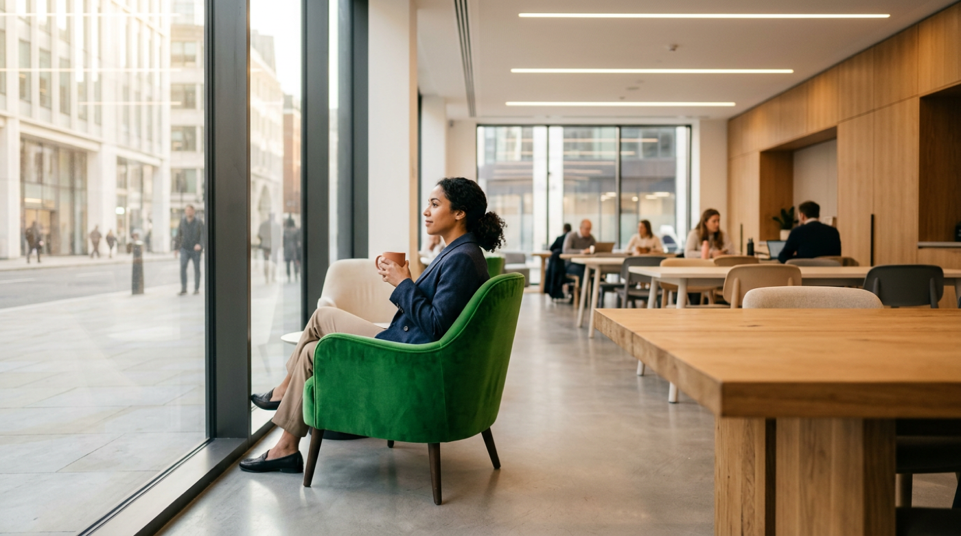 Businesswoman with coffee sits in a green velvet armchair gazing through a large office window.
