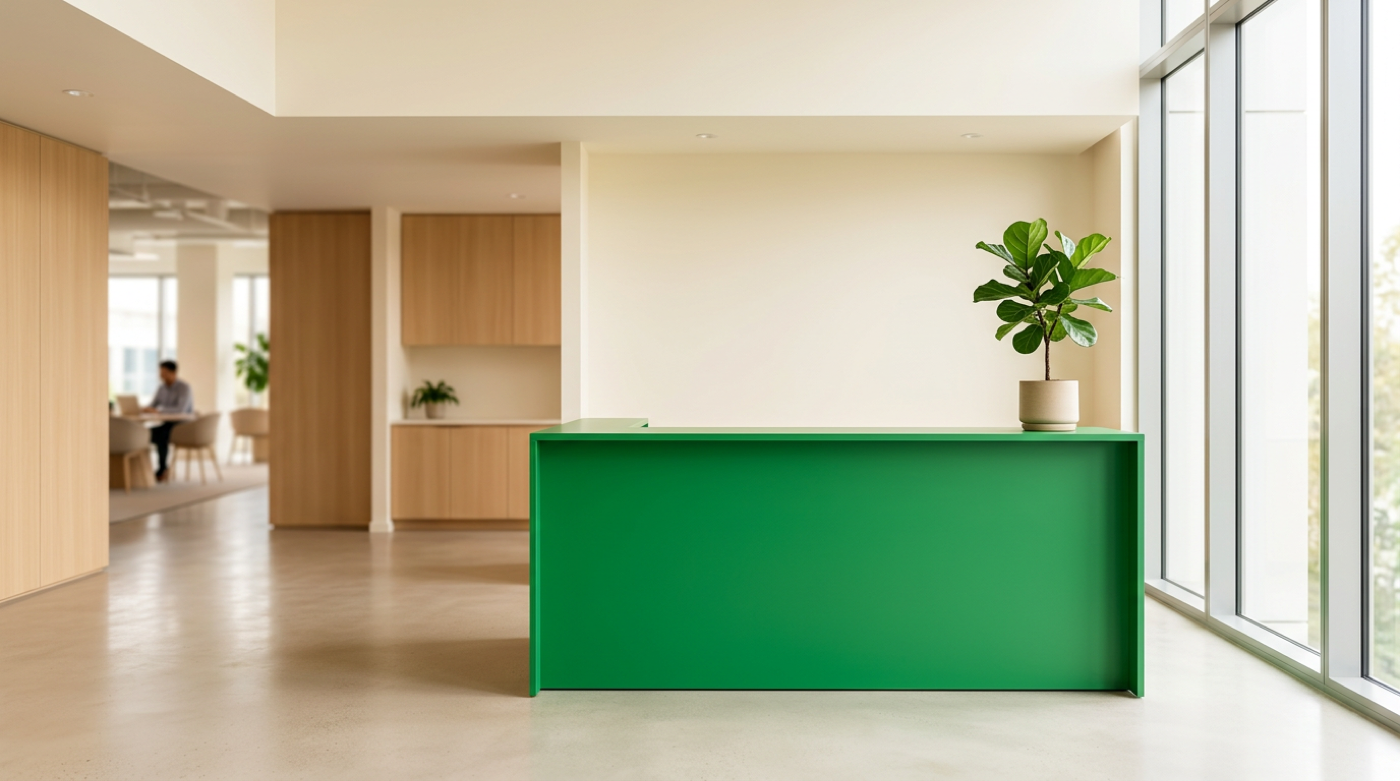 Bright green reception desk with a potted fig tree in a sunlit minimalist office lobby.