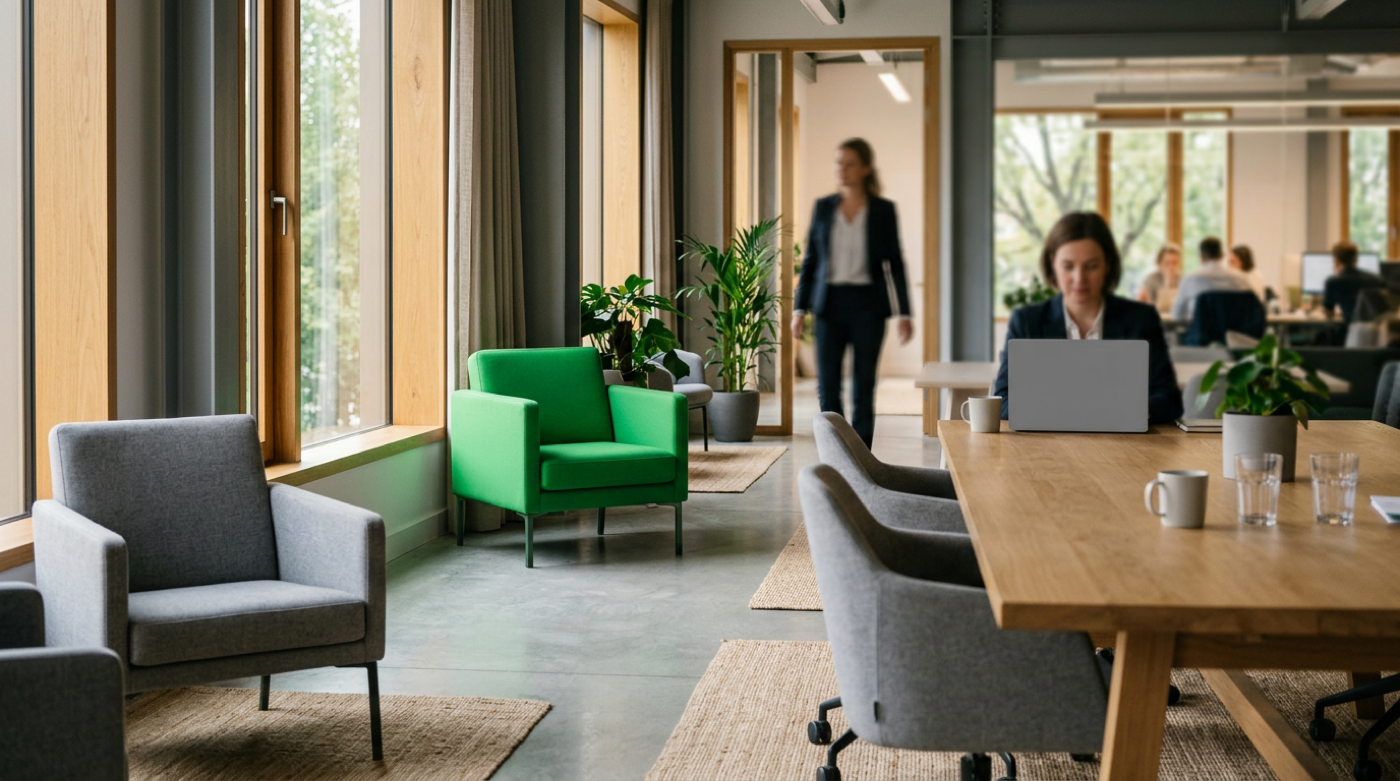 Green armchair anchors a bright office where a woman works on a laptop nearby.