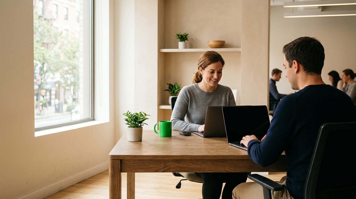 Two colleagues work on laptops at a wooden desk beside a bright city window.