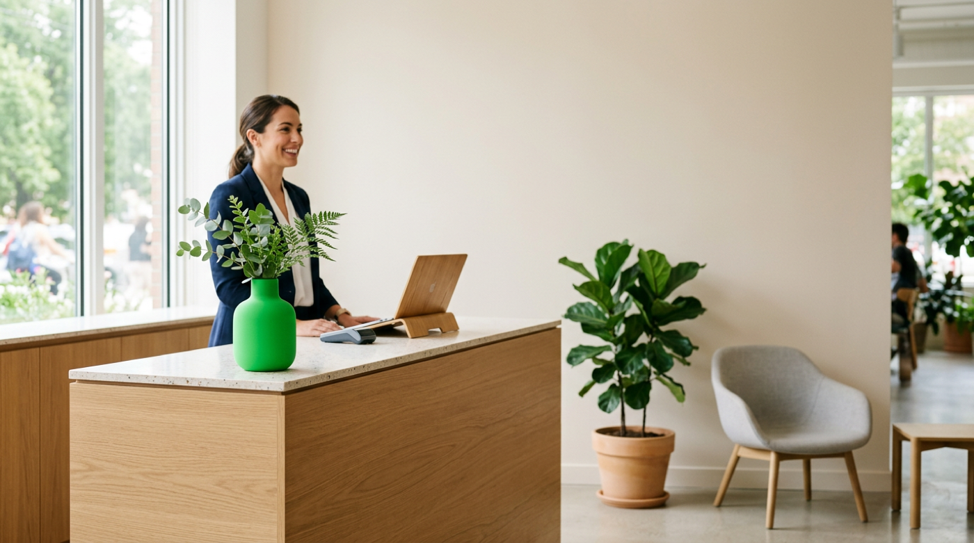Smiling receptionist stands at a bright front desk with laptop, card terminal and green vase.