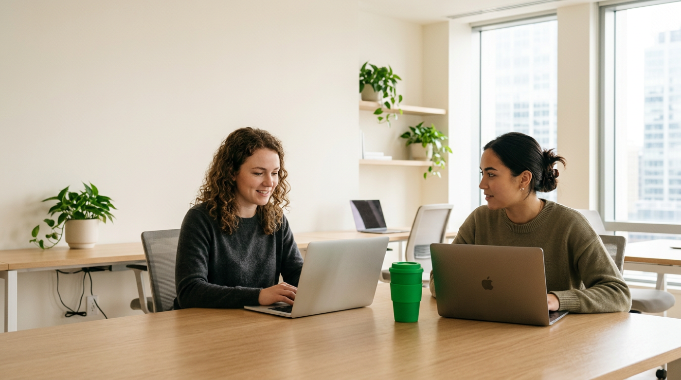 Two women collaborate over laptops at a wooden table in a bright high-rise office.