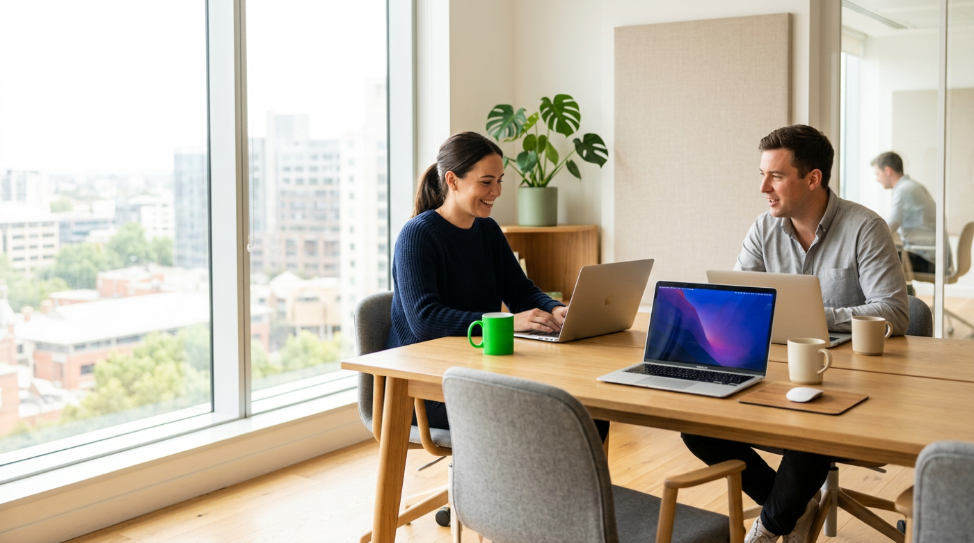Man and woman chat over laptops at a sunlit conference table with city views.