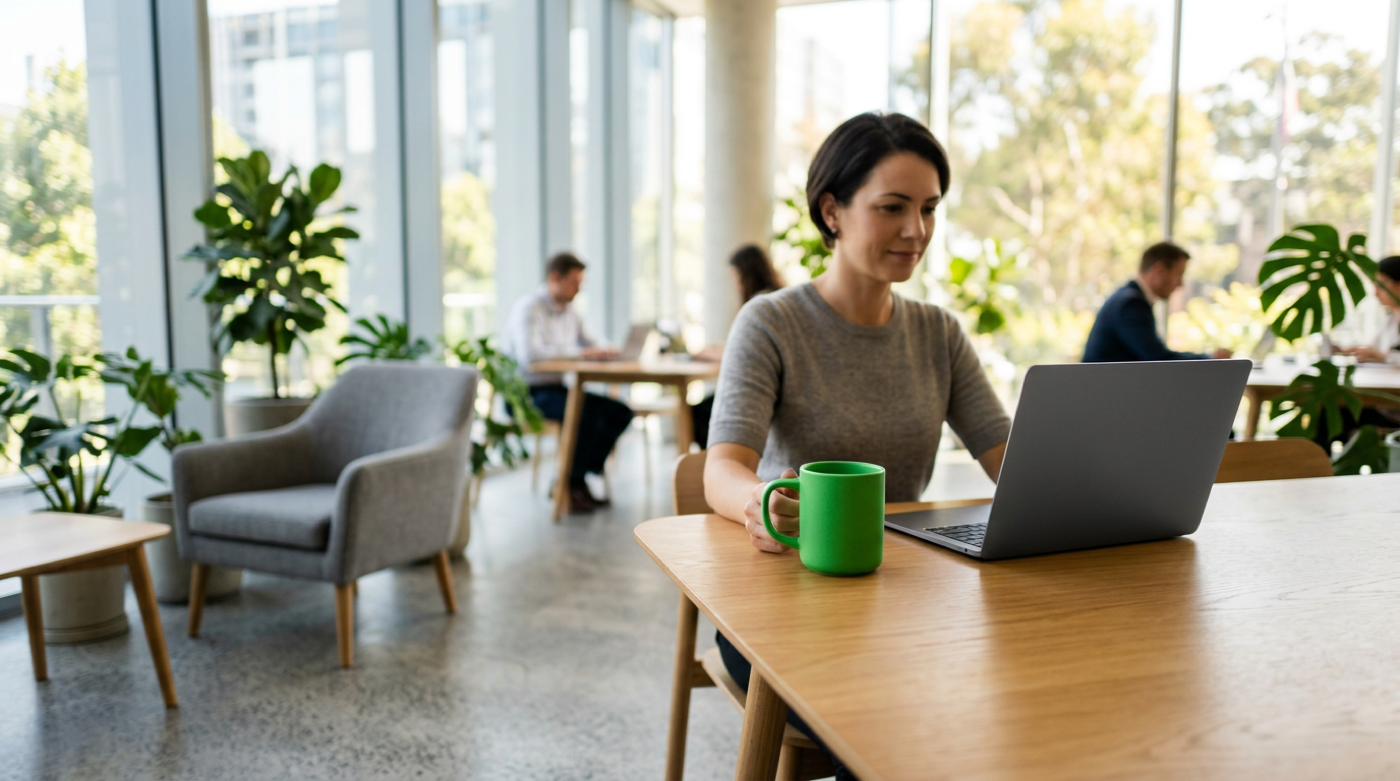 Woman with a green mug works on a laptop in a bright plant-filled office