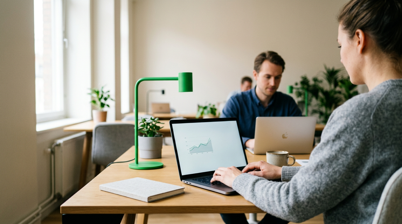 Two colleagues work on laptops beside a green desk lamp, one screen showing a rising chart