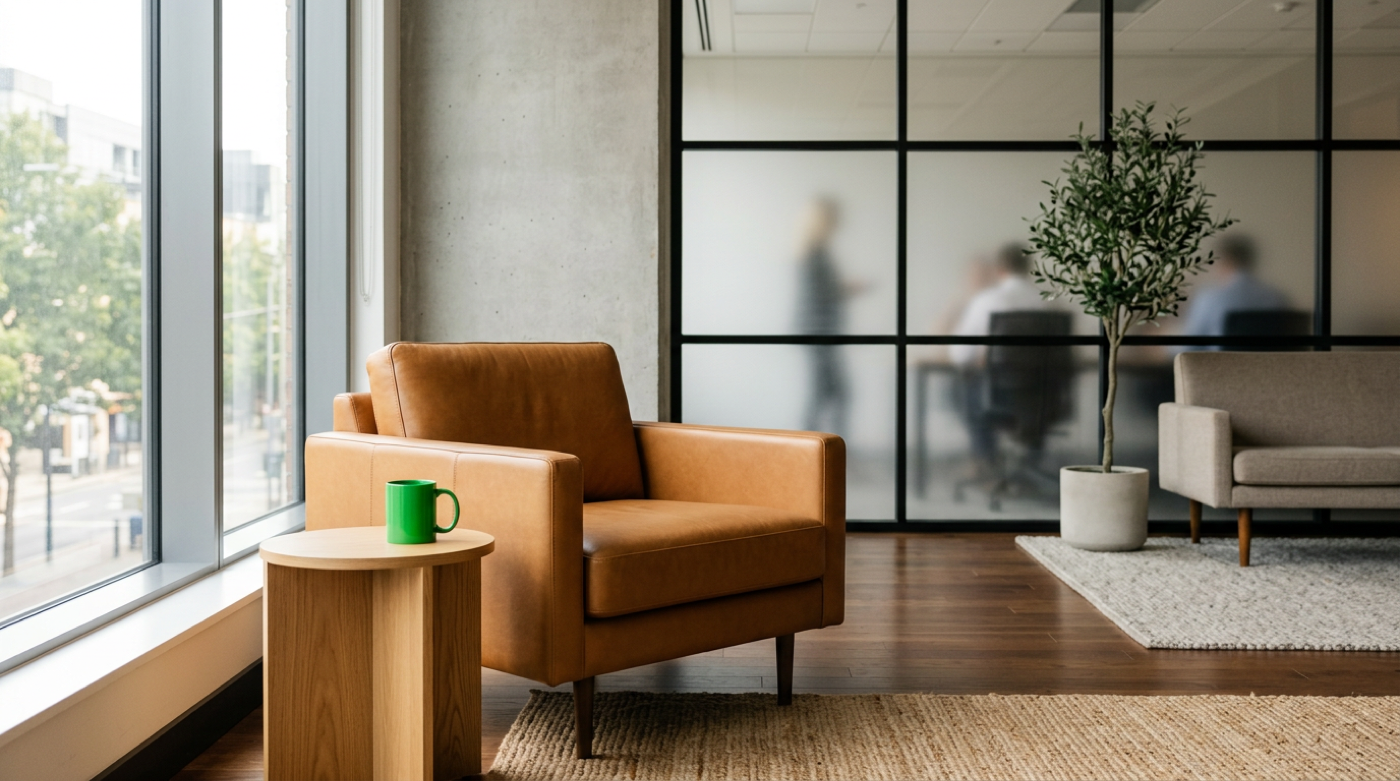 Tan leather armchair with green mug near a sunlit window and frosted-glass meeting room