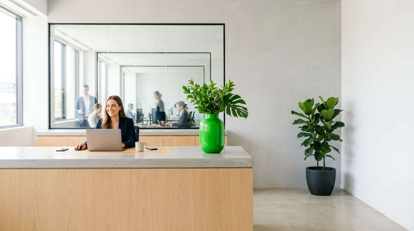 Smiling receptionist works at laptop beside green vase while colleagues meet behind glass