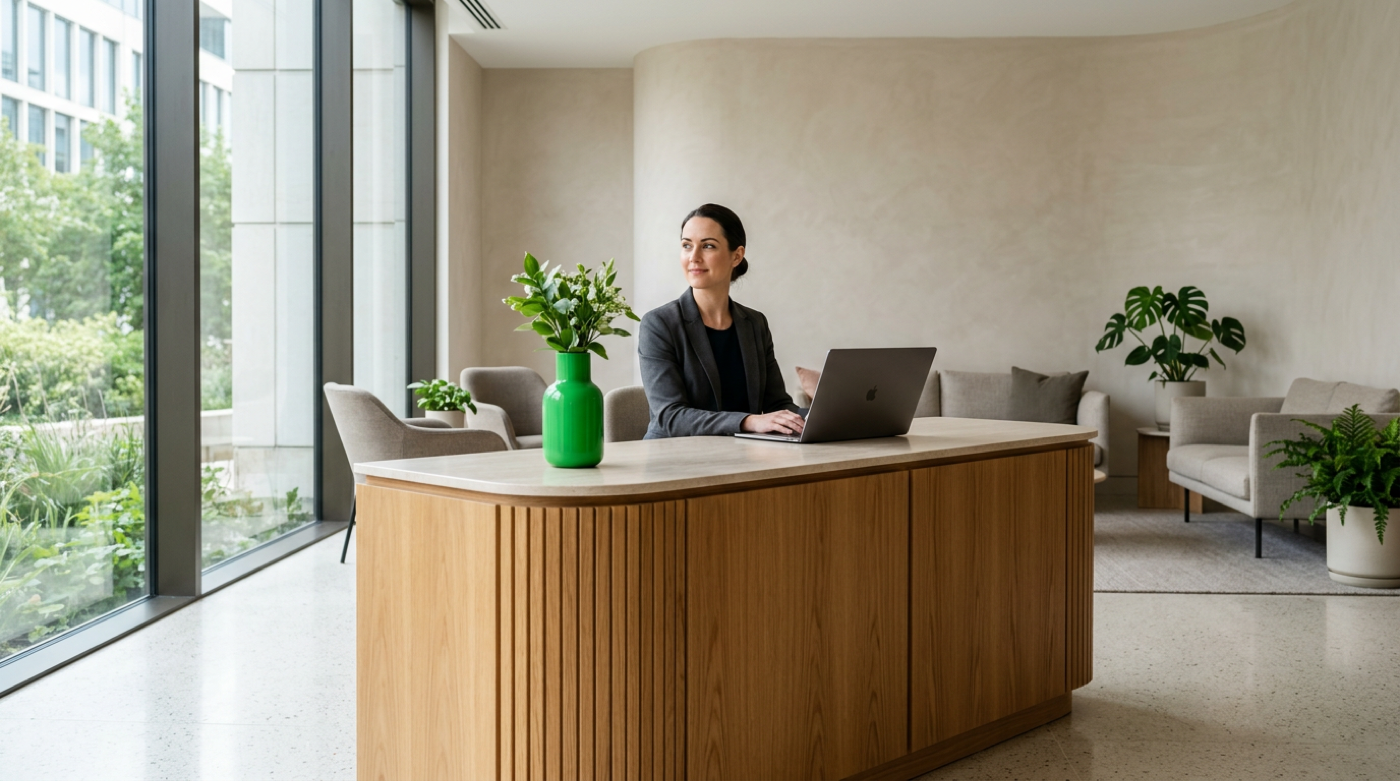 Suited receptionist types on laptop at a wooden desk with a green vase