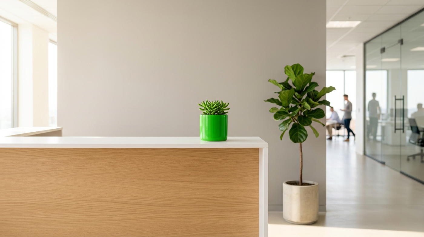 Reception counter with green potted succulent, colleagues working in a bright glass-walled office behind