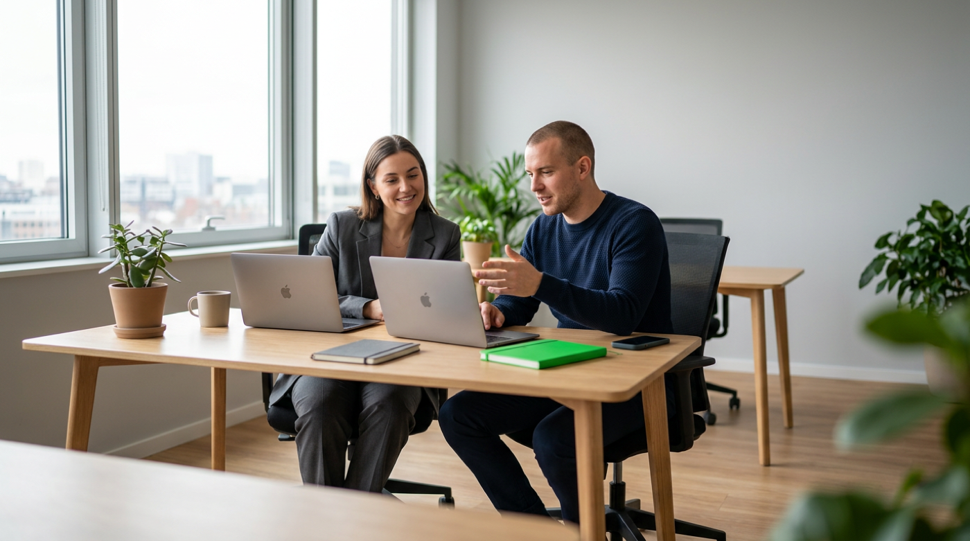 Man gestures while discussing work with a colleague over laptops at a bright office table