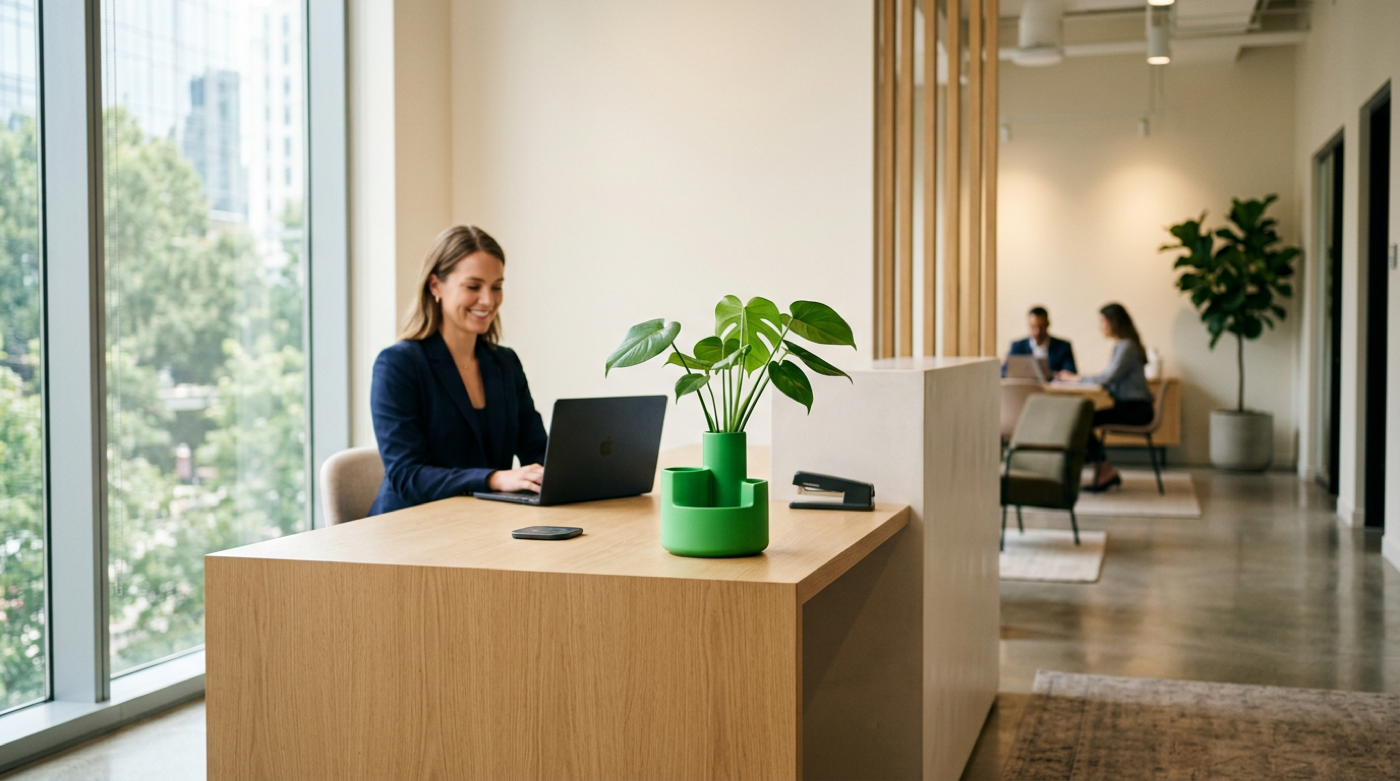 Woman works at a reception desk with green planter while two colleagues meet behind