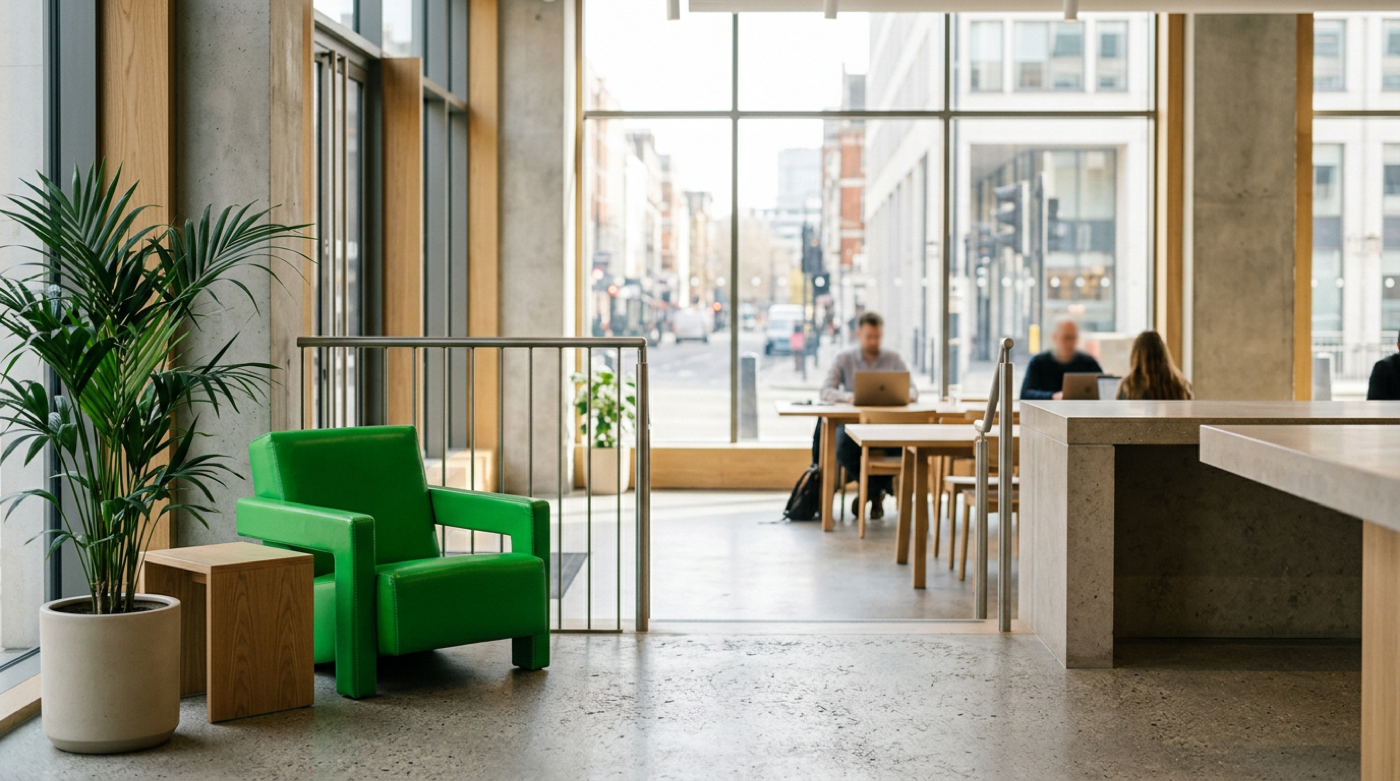 Bright glass-walled lobby with vivid green armchair, potted palm and people working beyond