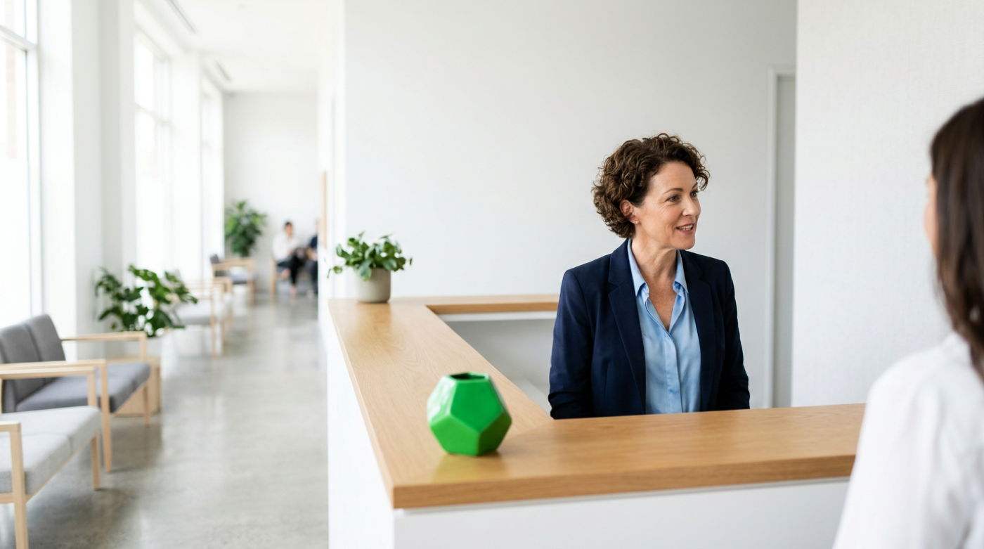 Smiling receptionist in navy blazer greets patient at bright clinic front desk