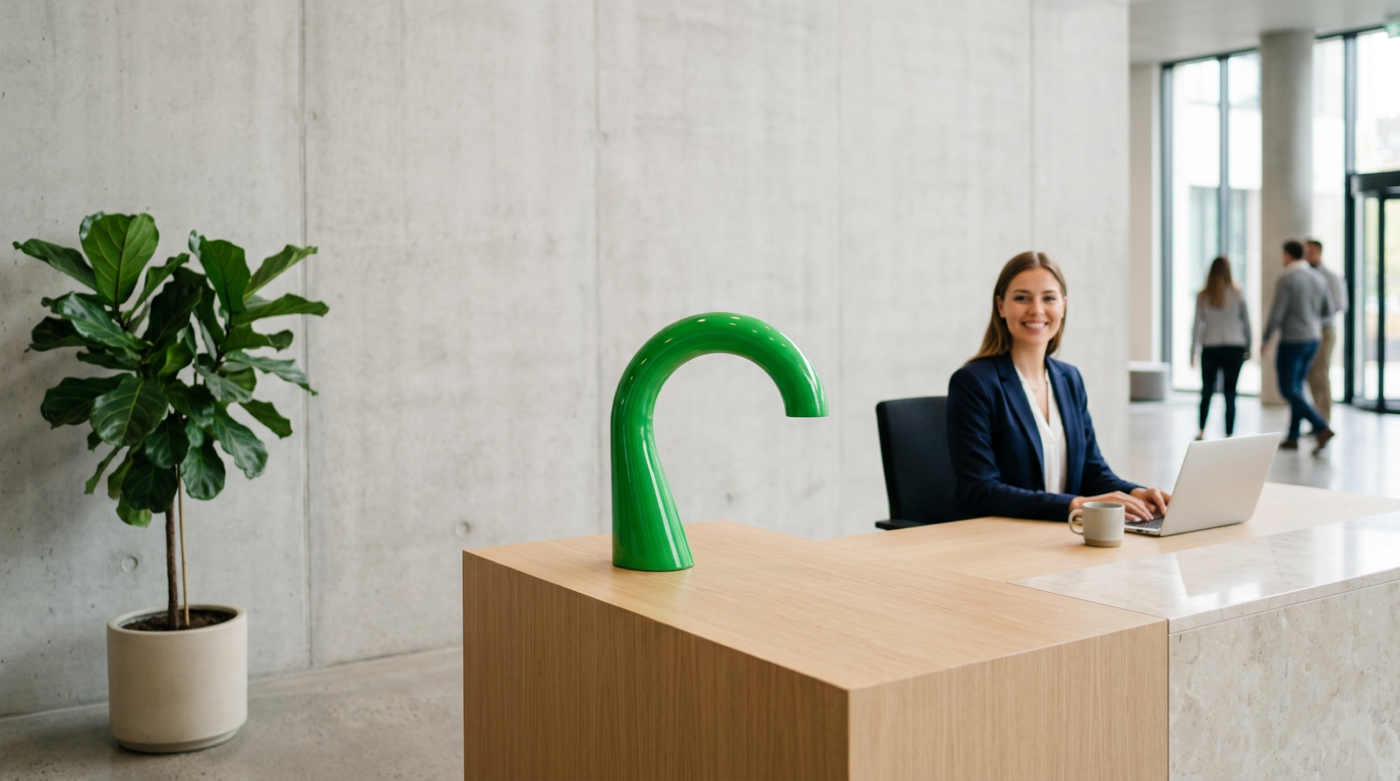 Receptionist works at wooden desk beneath vast concrete wall with green tube sculpture