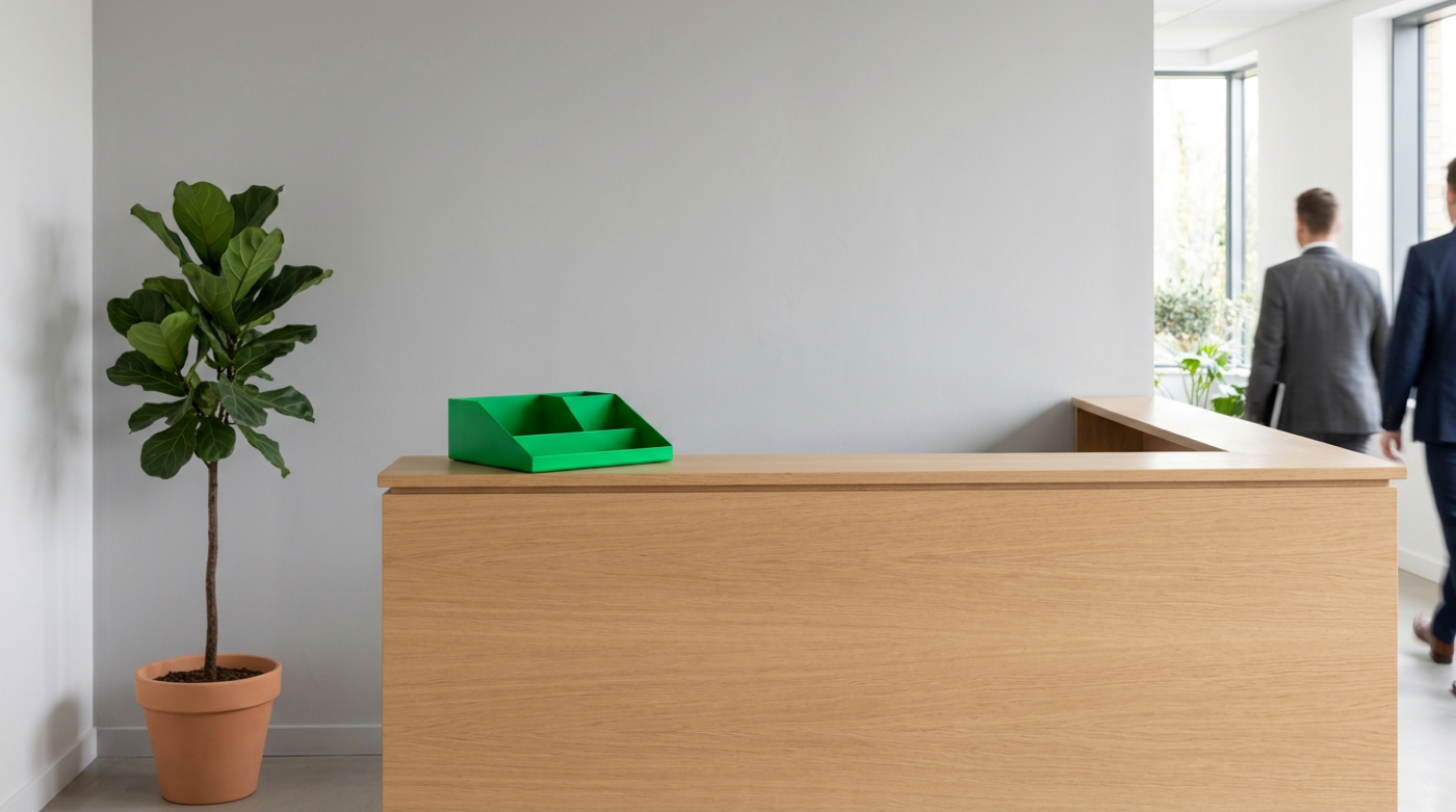Empty wooden reception desk with green organizer as two suited men walk past sunlit windows