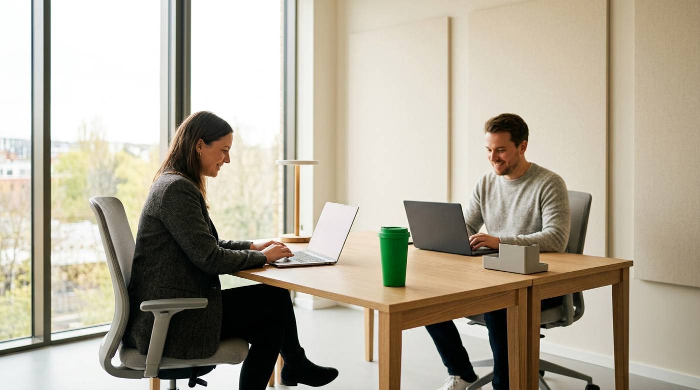 Two smiling colleagues work on laptops across a shared wooden desk in sunlit office