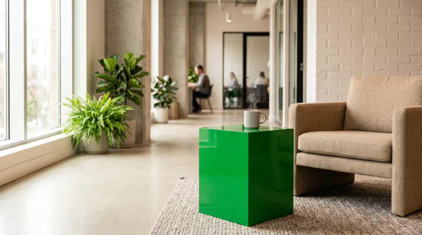 Steaming mug on glossy green cube table beside armchair in bright office lounge
