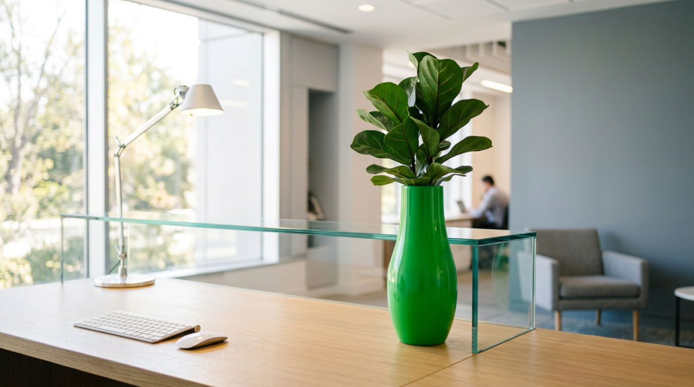 Green vase with fiddle-leaf plant on bright office desk behind a glass divider