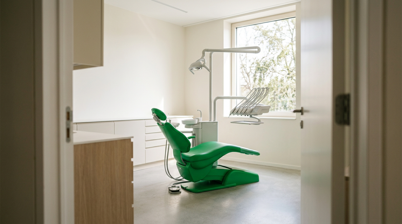 Sunlit dental treatment room with bright green patient chair and overhead equipment