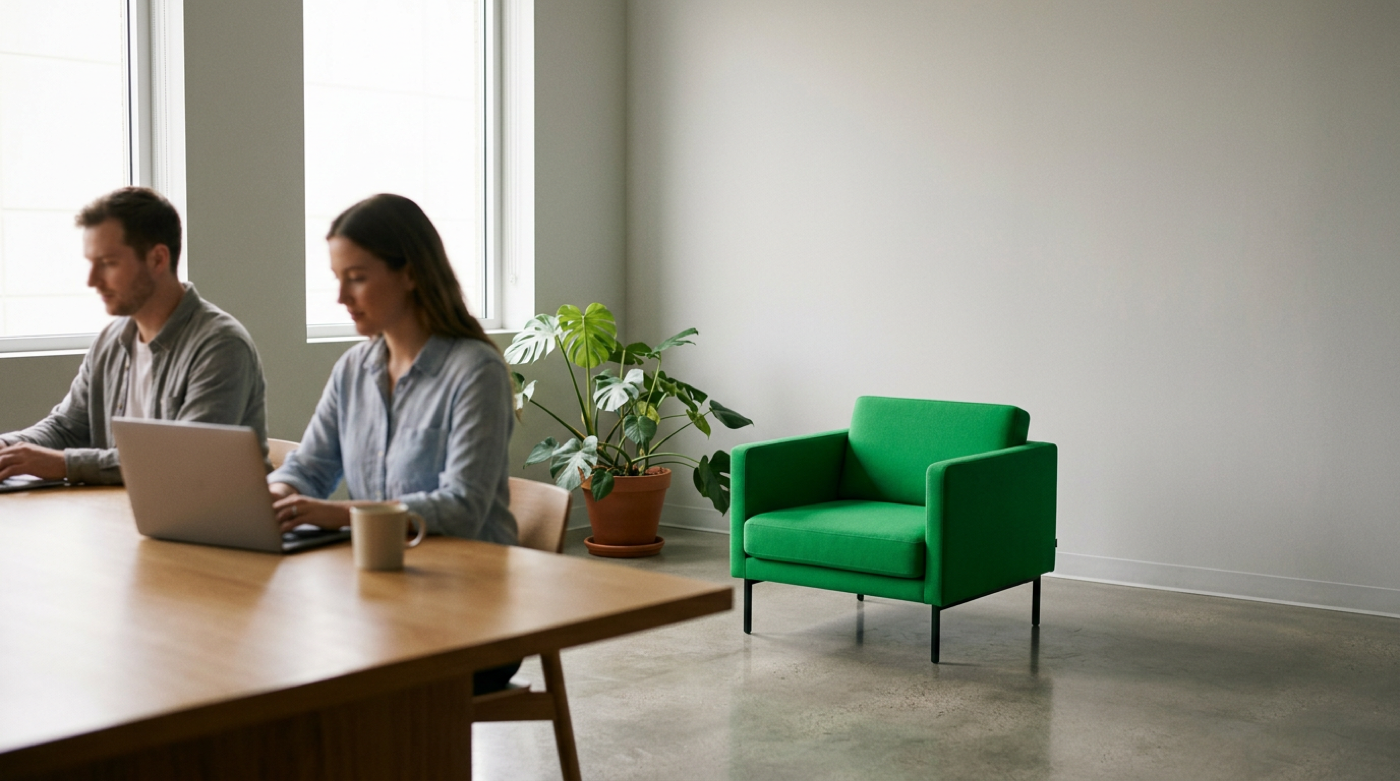 Two colleagues type on laptops in bright minimalist office beside empty green armchair
