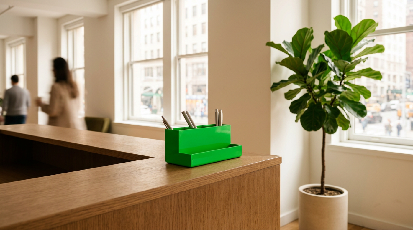 Green pen organizer on wooden reception counter in sunlit office overlooking city street