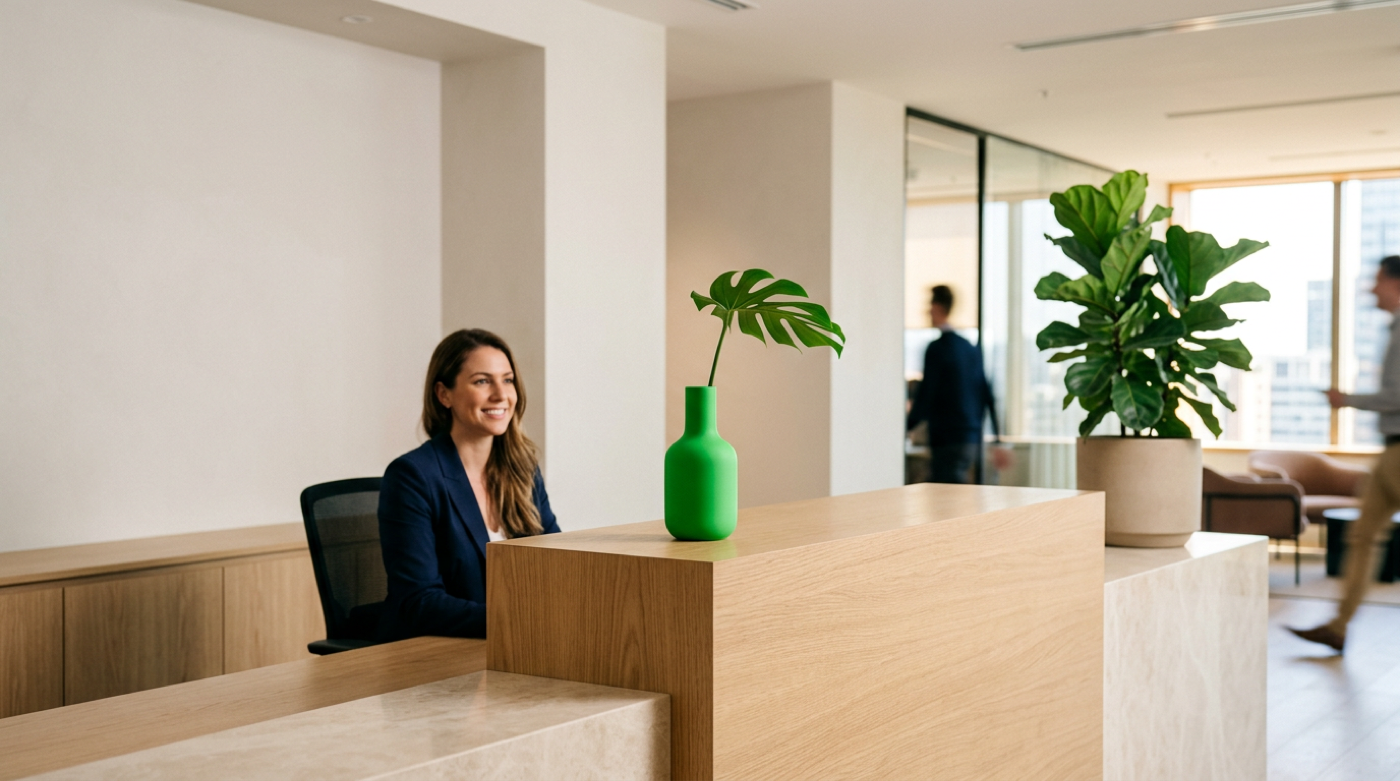 Smiling receptionist at wooden desk with green vase while executives pass sunlit offices