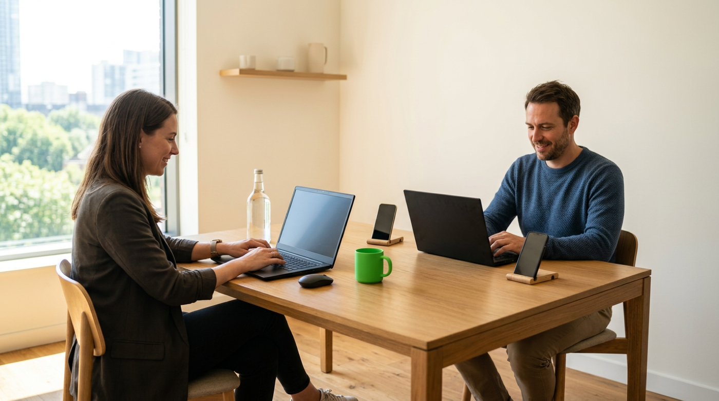 Two colleagues work on laptops with phone stands and green mug at wooden table