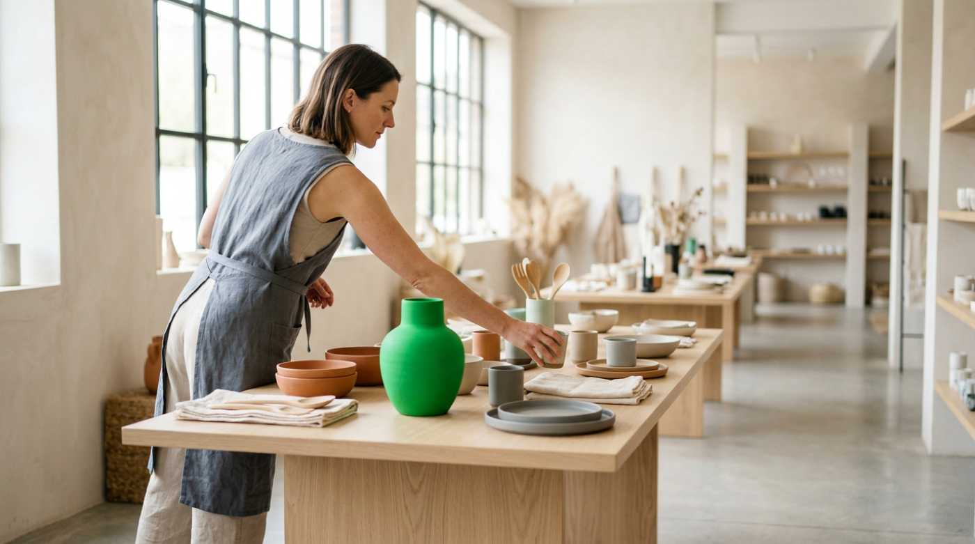 Shop owner in grey apron arranges ceramic tableware on wooden tables in a bright studio store.