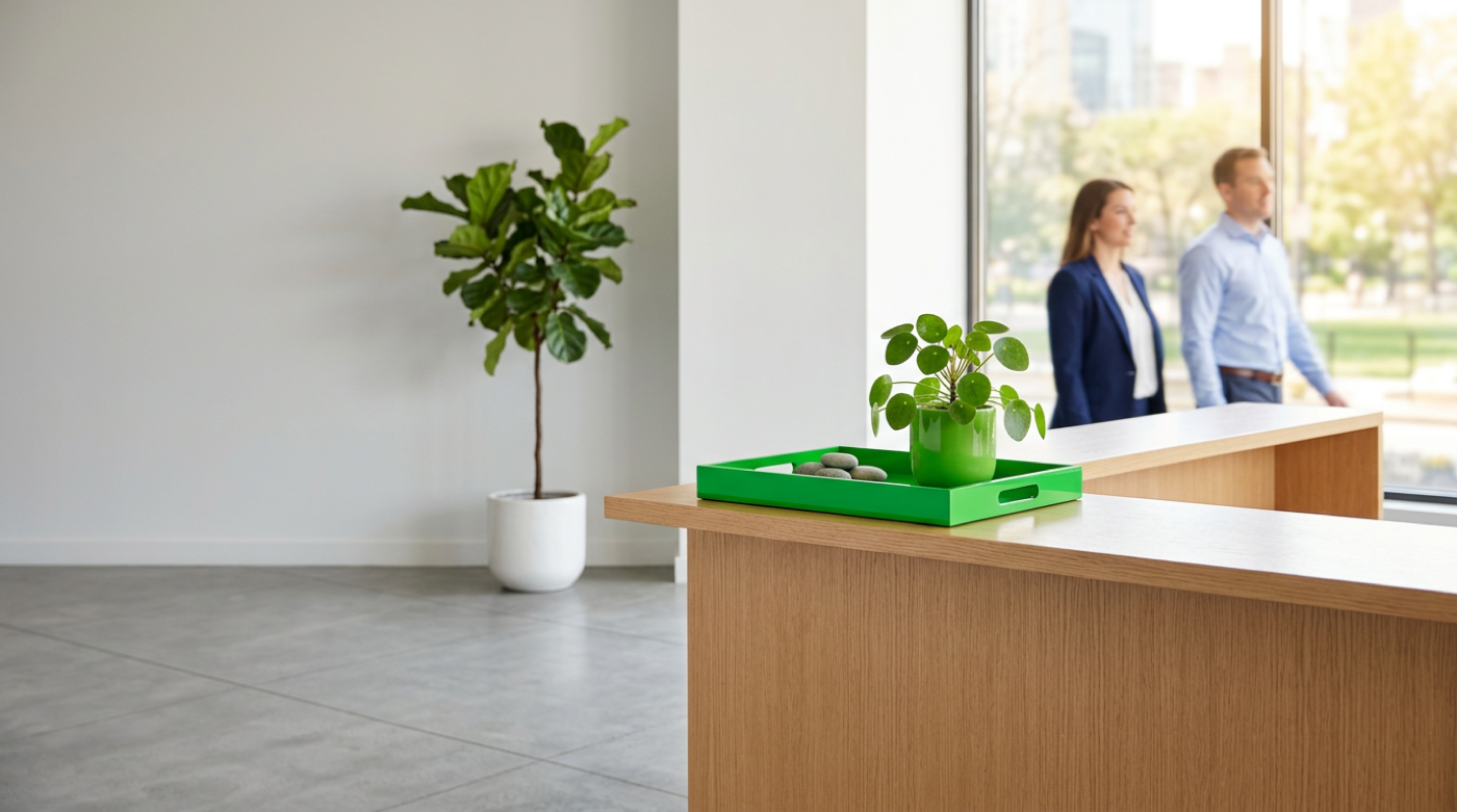Green tray and potted plant on a wooden reception desk, colleagues blurred beyond the window.