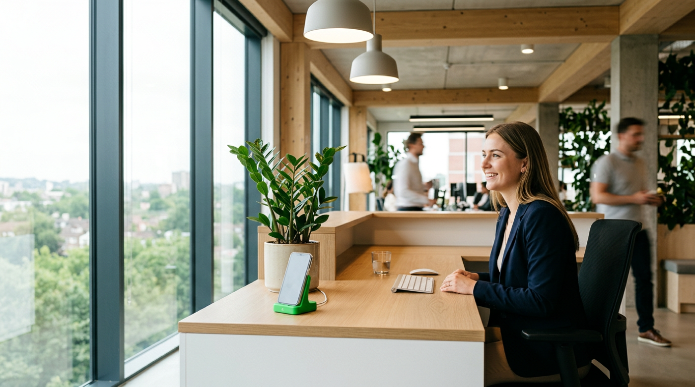 Smiling businesswoman at a bright office desk with a smartphone docked on a green stand.