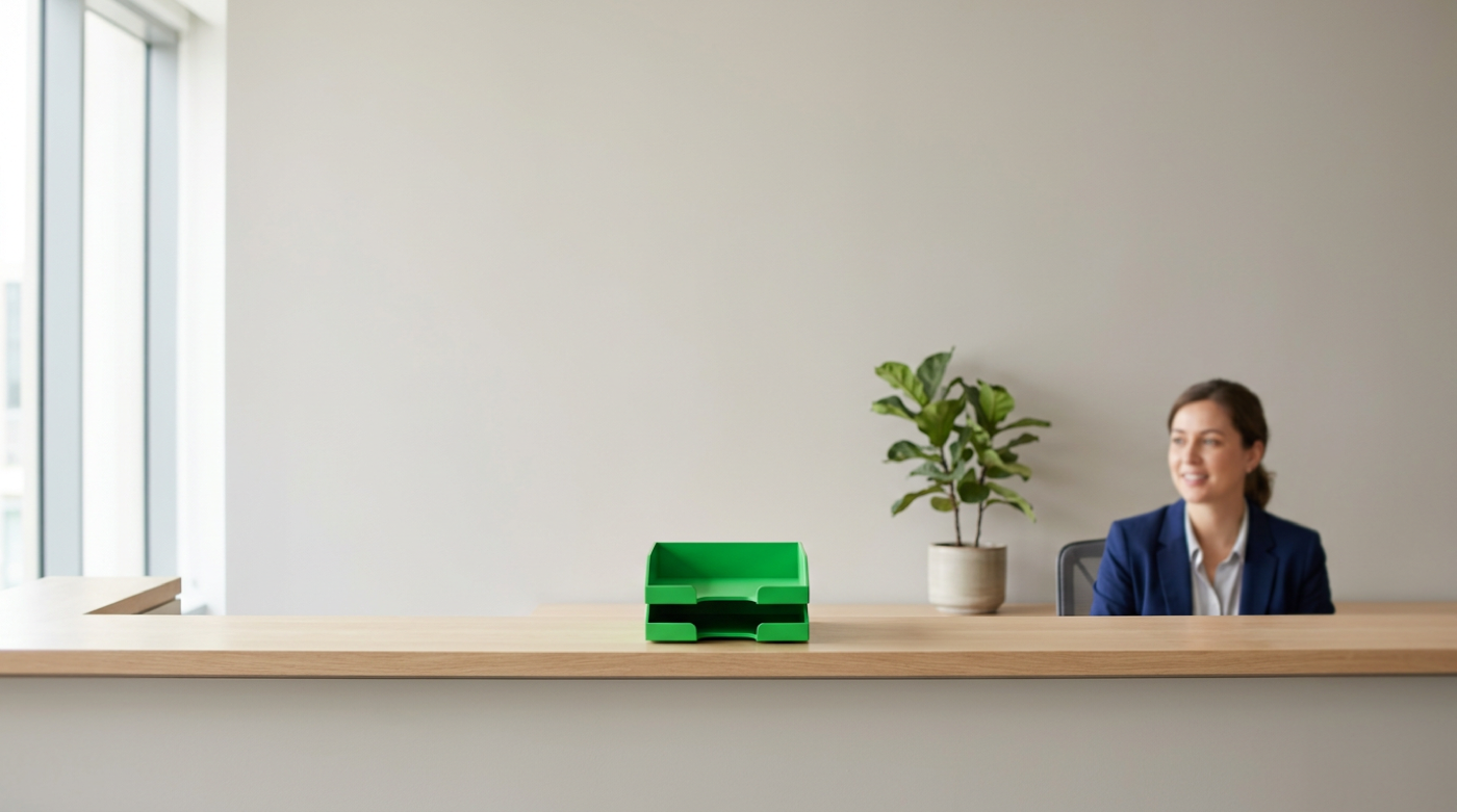 Green stacked letter trays on a wooden reception counter with a smiling receptionist and plant.