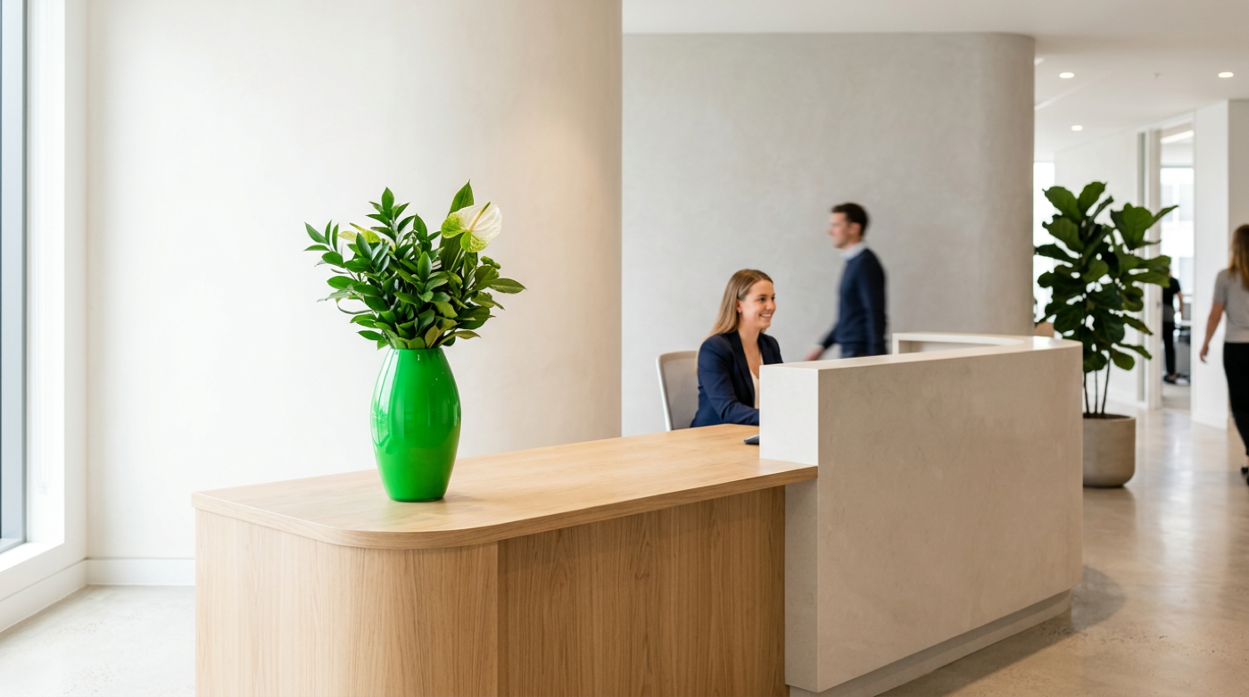Smiling receptionist behind a wooden desk with green flower vase in a bright office lobby.