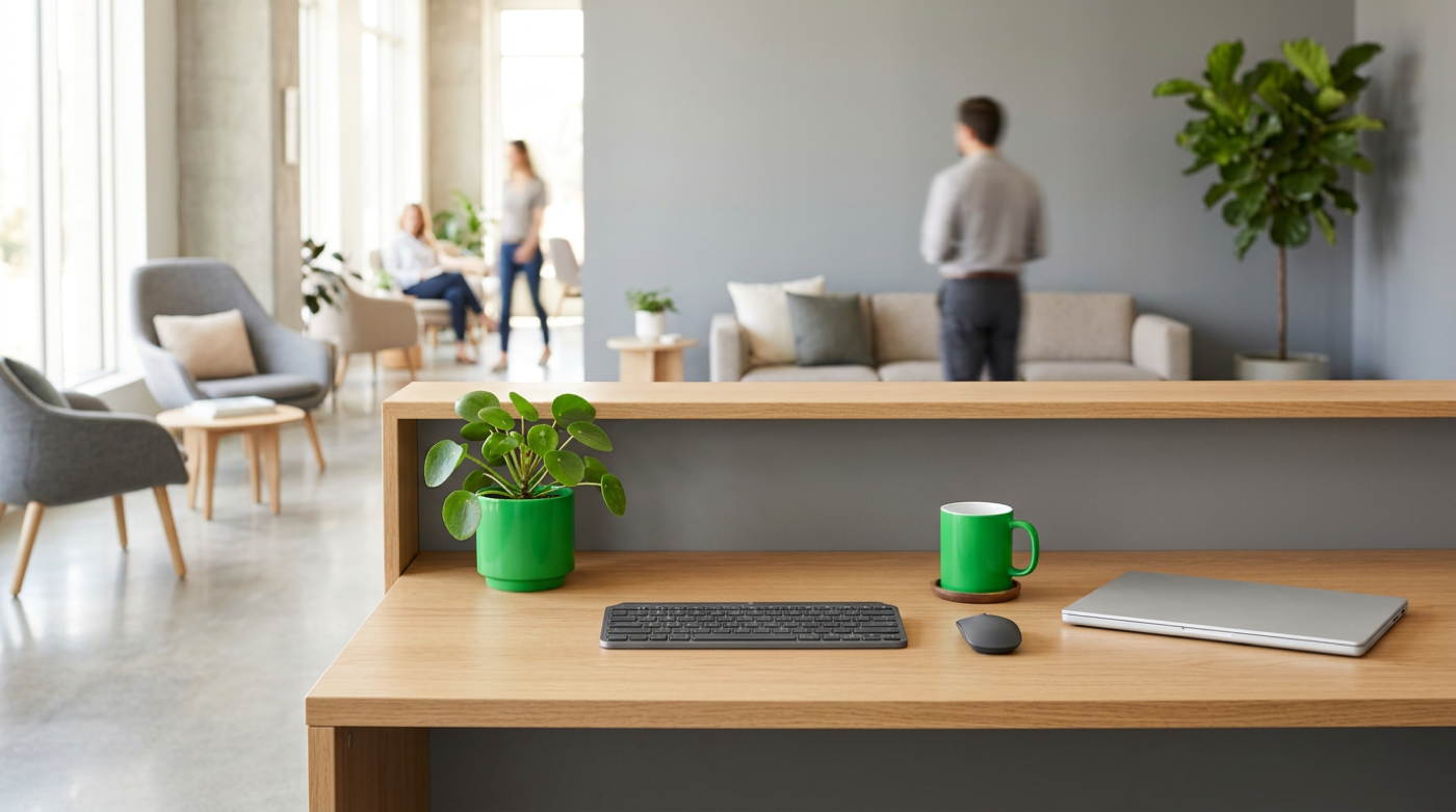 Tidy desk with keyboard, green mug and closed laptop in a bright office lounge.