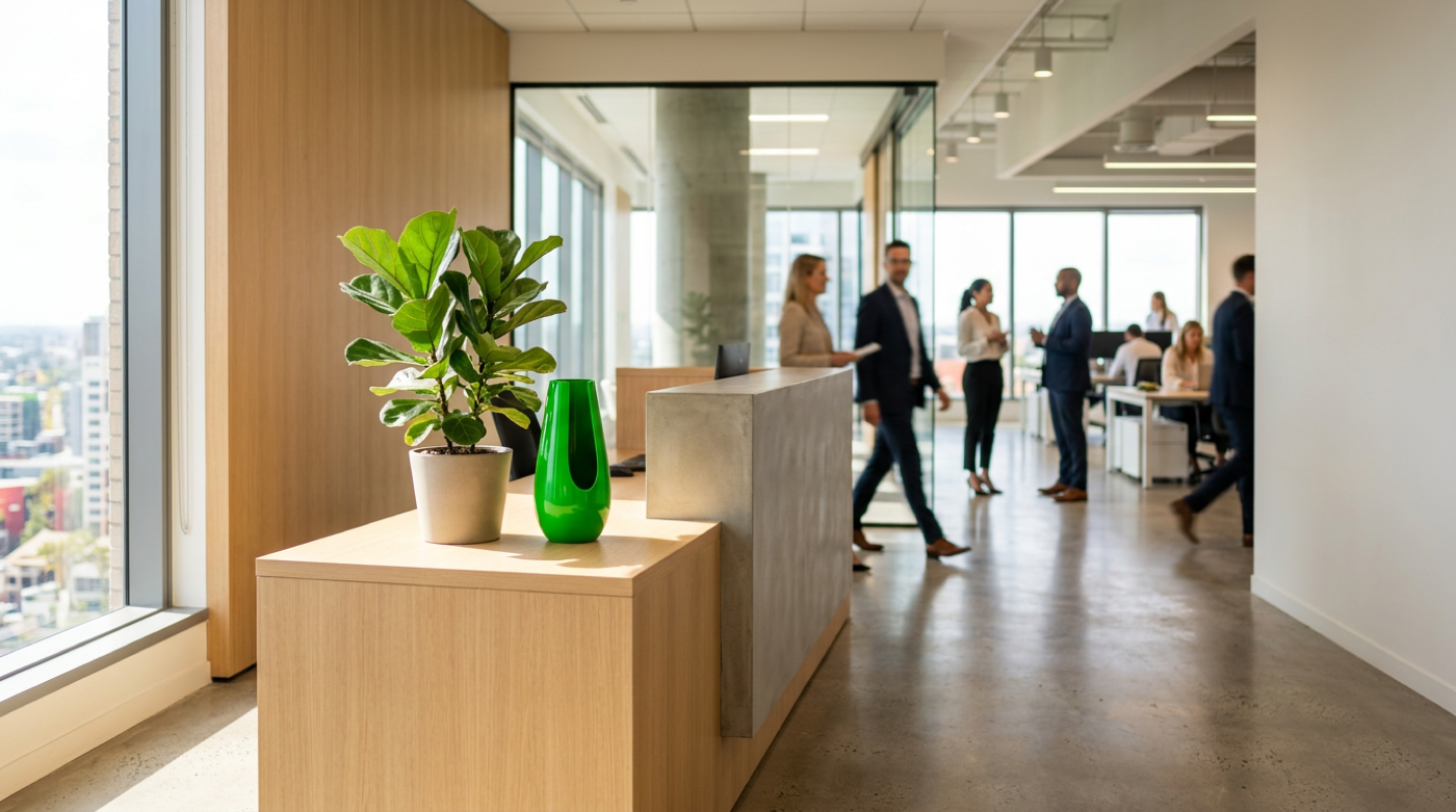 Green vase and fig plant on a lobby counter as staff bustle through a sunlit office.