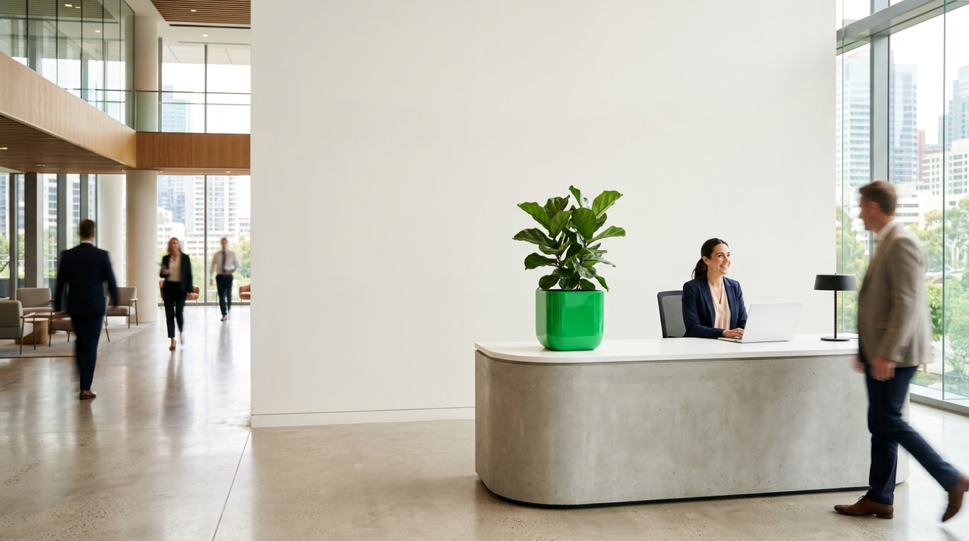 Receptionist at a concrete lobby desk greets visitors walking through a sunlit corporate atrium.