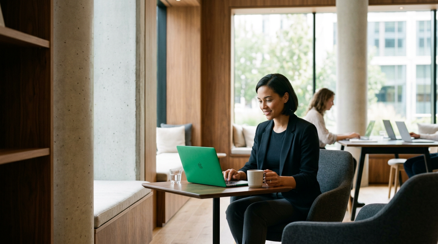 Businesswoman with coffee works on a green laptop at a small table in a sunlit workspace.